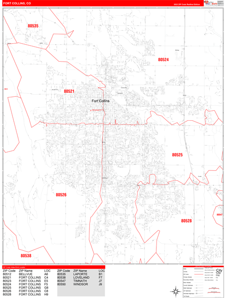 Fort Collins City Wall Map Red Line Style